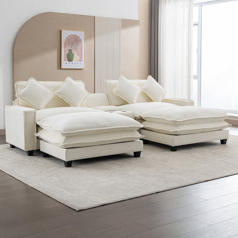 Canapé modulaire en chenille de 111 po avec deux repose-pieds amovibles, deux ports USB, deux porte-gobelets et une grande boîte de rangement pour le salon, beige