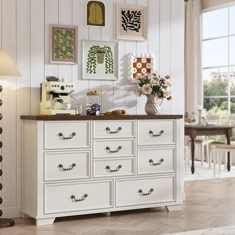 Antique White and Brown Wooden 9-Drawer Dresser with Metal Handles