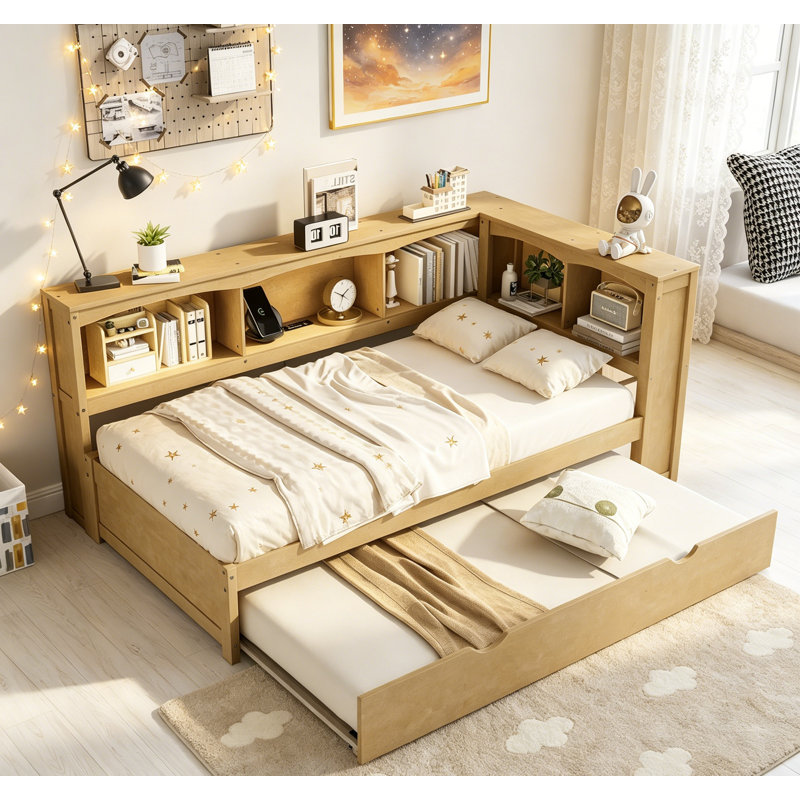 Lit de jour simple avec lit gigogne, armoires de rangement et ports USB, blanc, conception compacte et fonctionnelle pour les chambres modernes