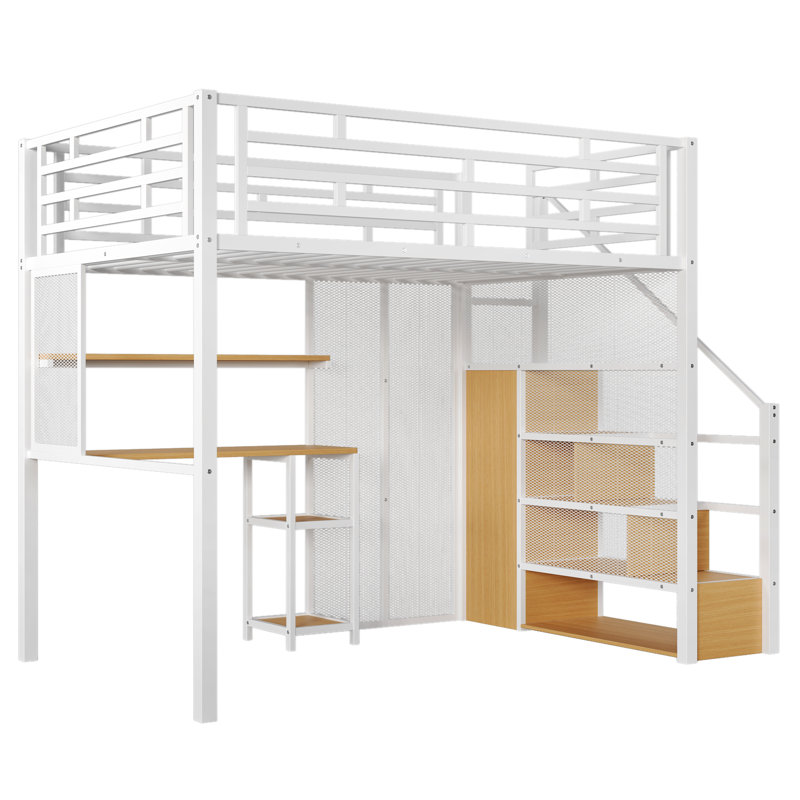 Lit mezzanine en métal avec garde-robe, bureau, tablettes de rangement