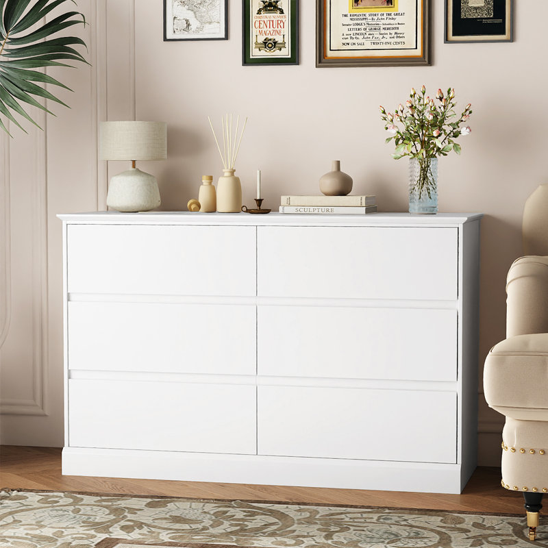 Commode double 6 tiroirs, commode 47,2 po, commode de chambre moderne pour placard et salon, blanc, Blanc