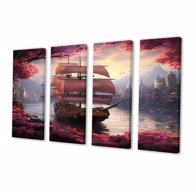 Voilier arrivant dans un port rose en fleur - ensemble de décoration murale bateau 4 pièces, H 28 po x l 48 po