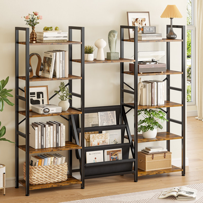 Bibliothèque à 5/6 niveaux avec bacs suspendus en tissu, tablettes réglables, unité de rangement, 5 niveaux, Brun / Noir