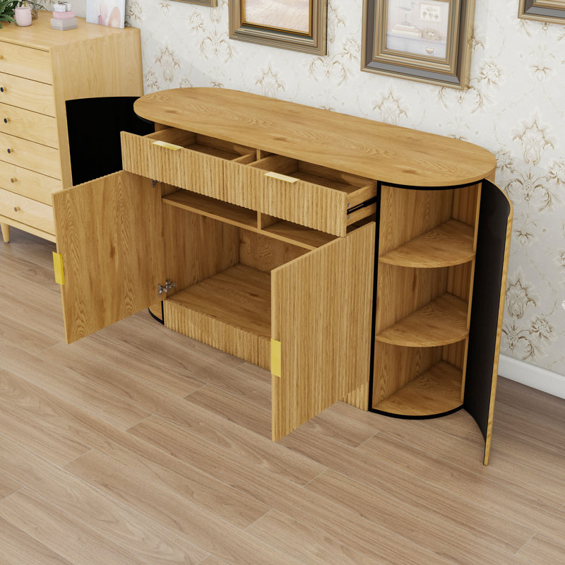 2-Drawer Sideboard with Curved Doors and 3-Tier Shelves for Living Room, Natural