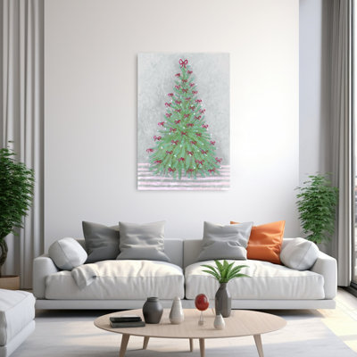 Christmas Tree With Bows Traditional Whimsical Abstract Christmas Tree Fir Winter Landscape Wall Art Print by Rosana Laiz Blursbyai - Wrapped Canvas Print