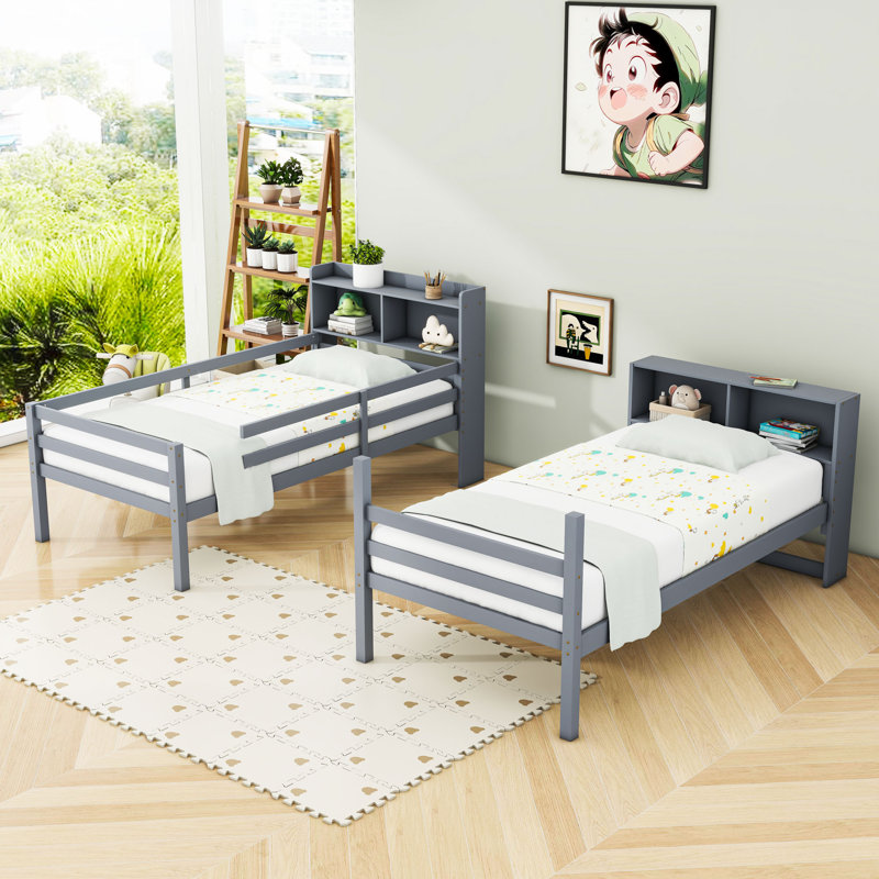 Lit superposé simple en bois avec tablettes, gris