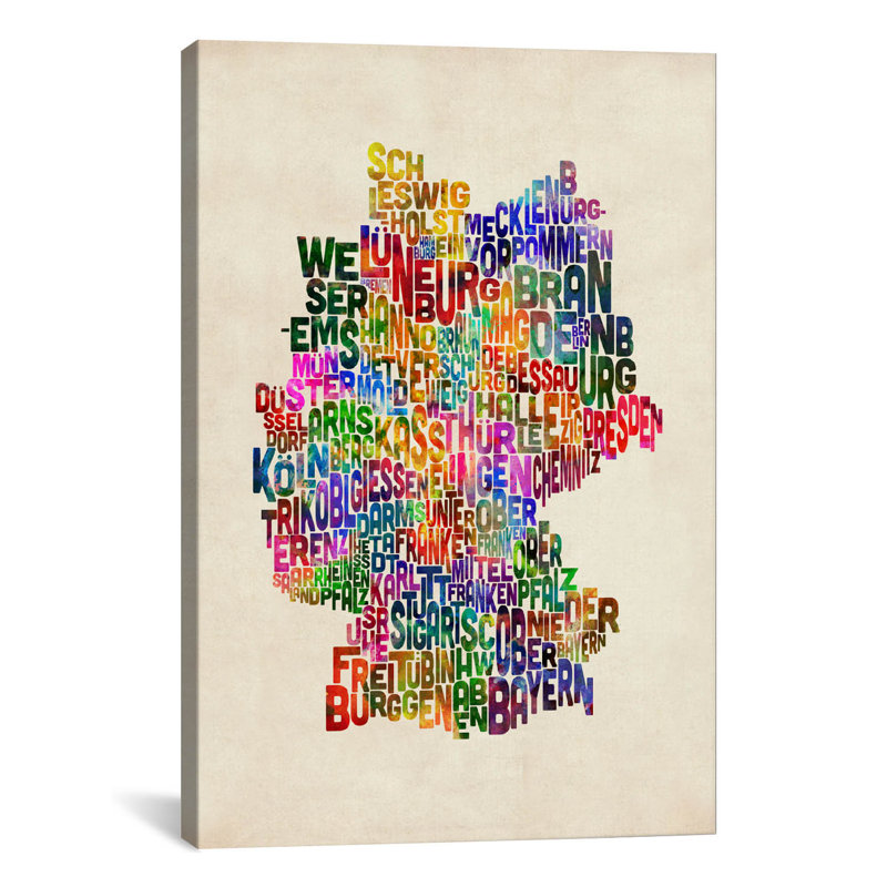 « text map of germany iii » par michael tompsett, impression sur toile tendue, H 18 po x l 12 po x P 1,5 po, Toile tendue