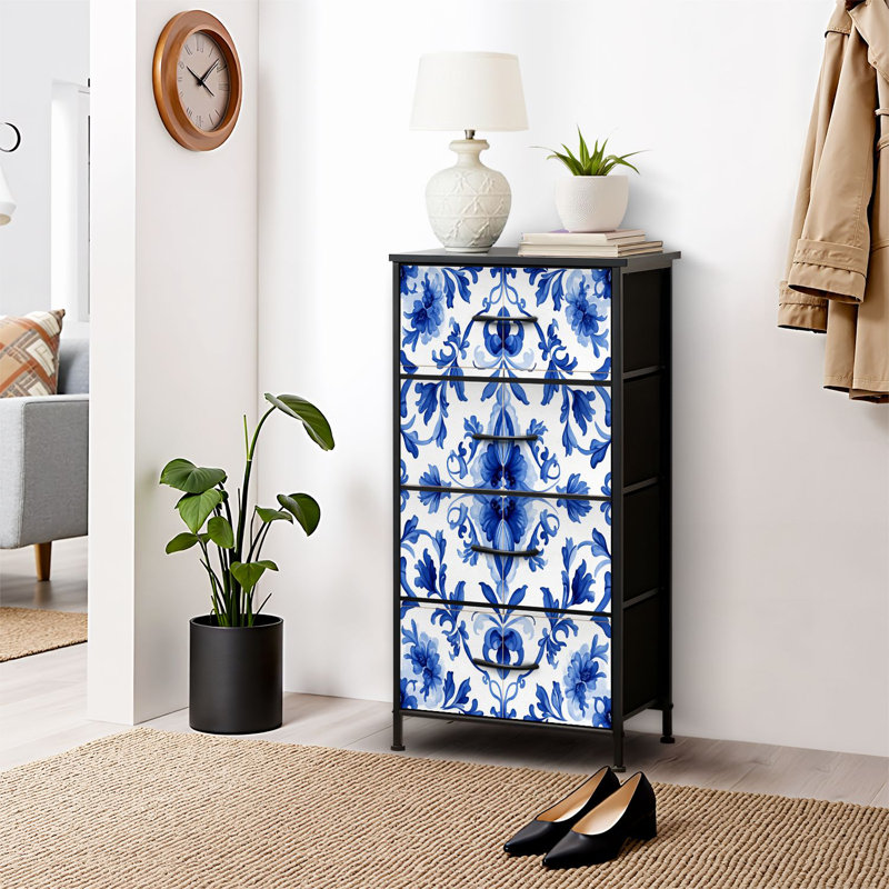 Commode pour commode de chambre à coucher pour garde-robe Carreau de style sicilien en céramique orné de décorations bleues Commodes et commodes de rangement en tissu avec bacs de rangement à 4 tiroirs