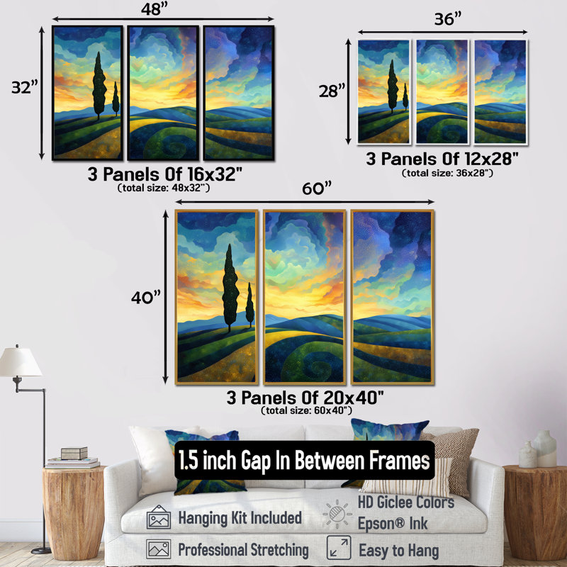 Ensemble de salon mural «The Swaying Cypress Pointillism» par Vincent - Van Gogh, H 40 po x l 60 po, Brun
