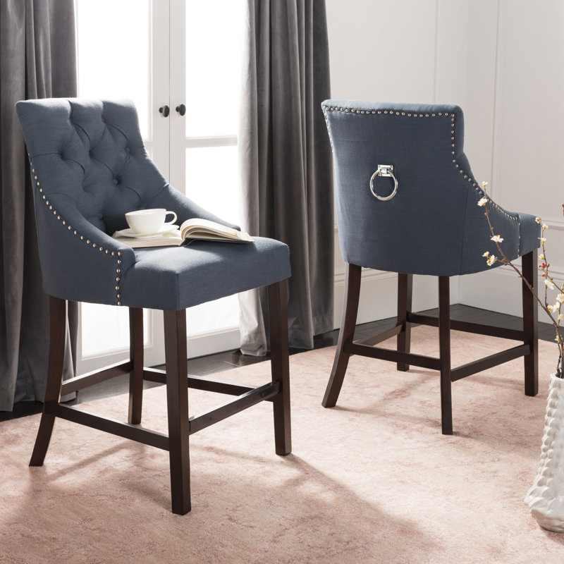 Eleni 26" Light Grey Tufted Wingback Counter Stool with Chrome Accents