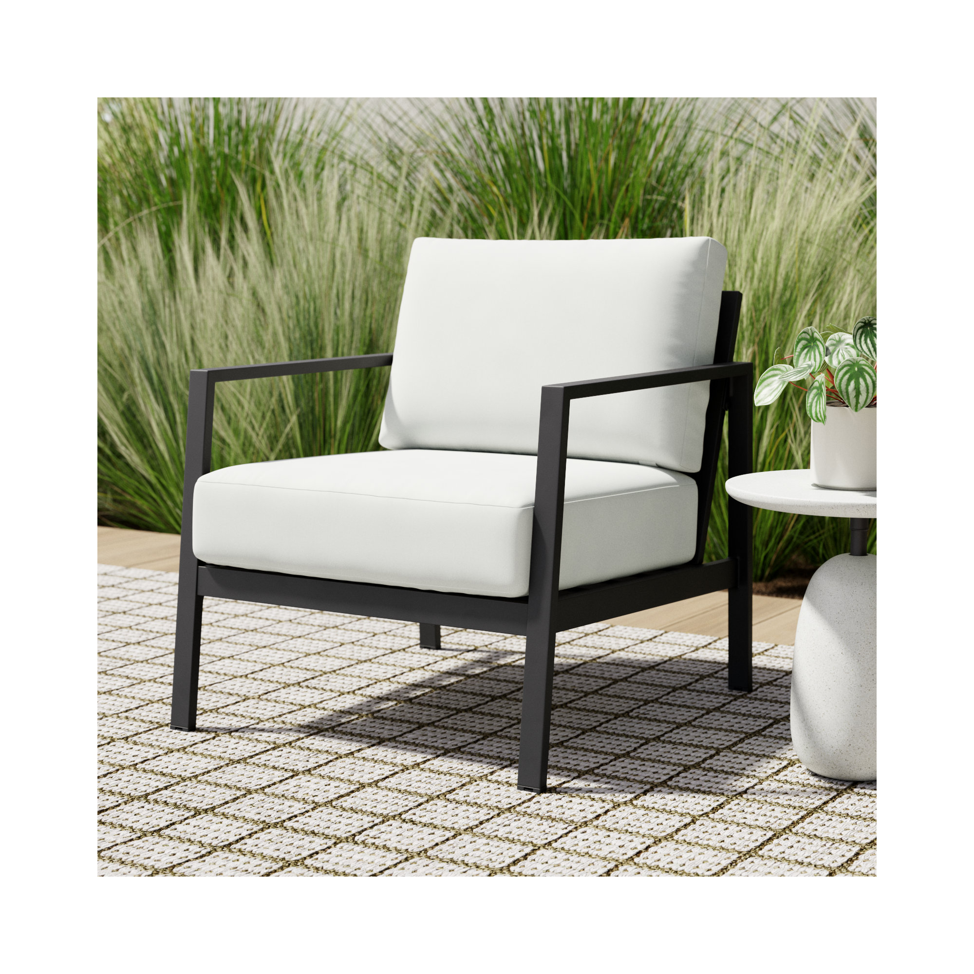 Armando Aluminum Outdoor Lounge Chair, Canvas White Sunbrella® Canvas, Black