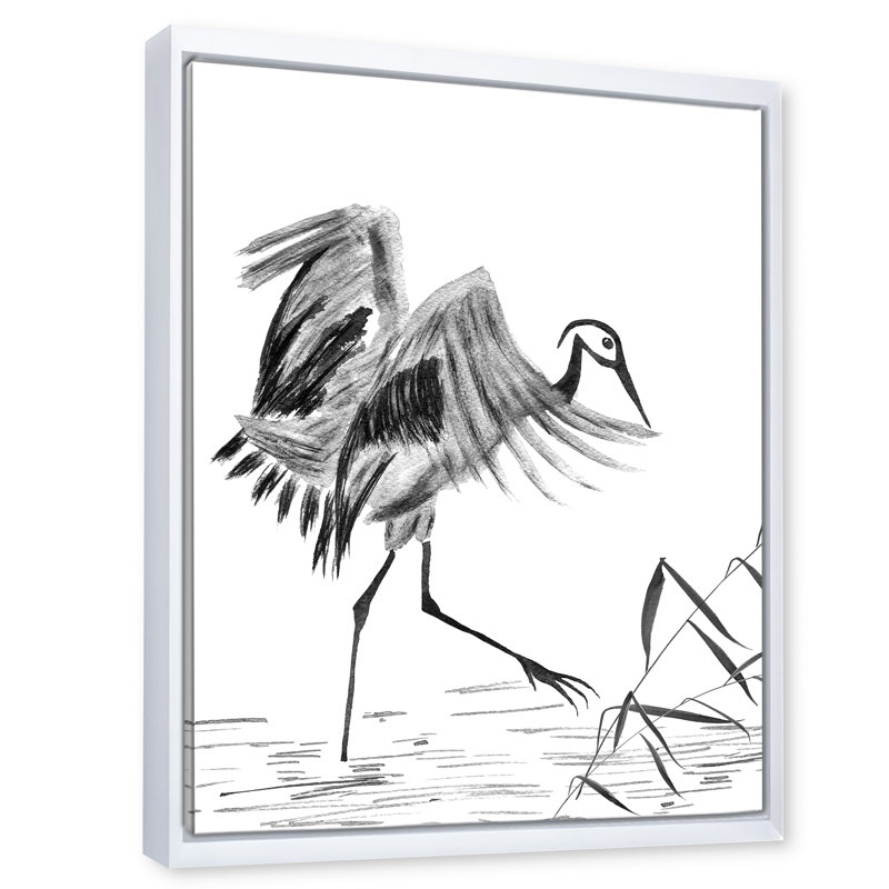Grue japonaise japonaise - peinture sur toile, H 32 po x l 24 po x P 1 po, Cadre blanc