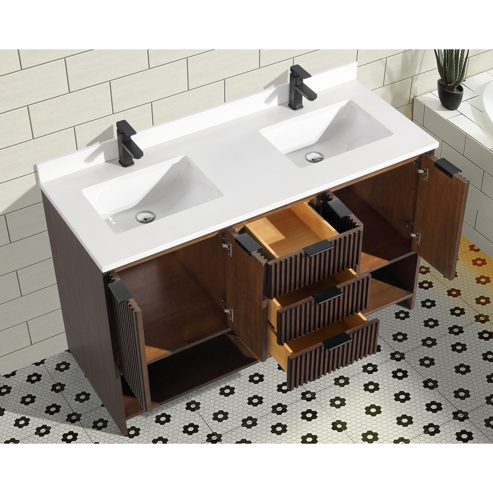 Anelie 55'' Double Bathroom Vanity, Walnut