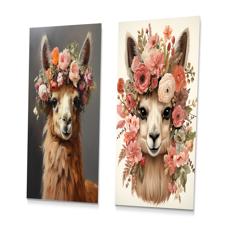 Flower Crown Llama Wonder I - ensemble de 2 décorations murales en métal, H 32 po x l 32 po