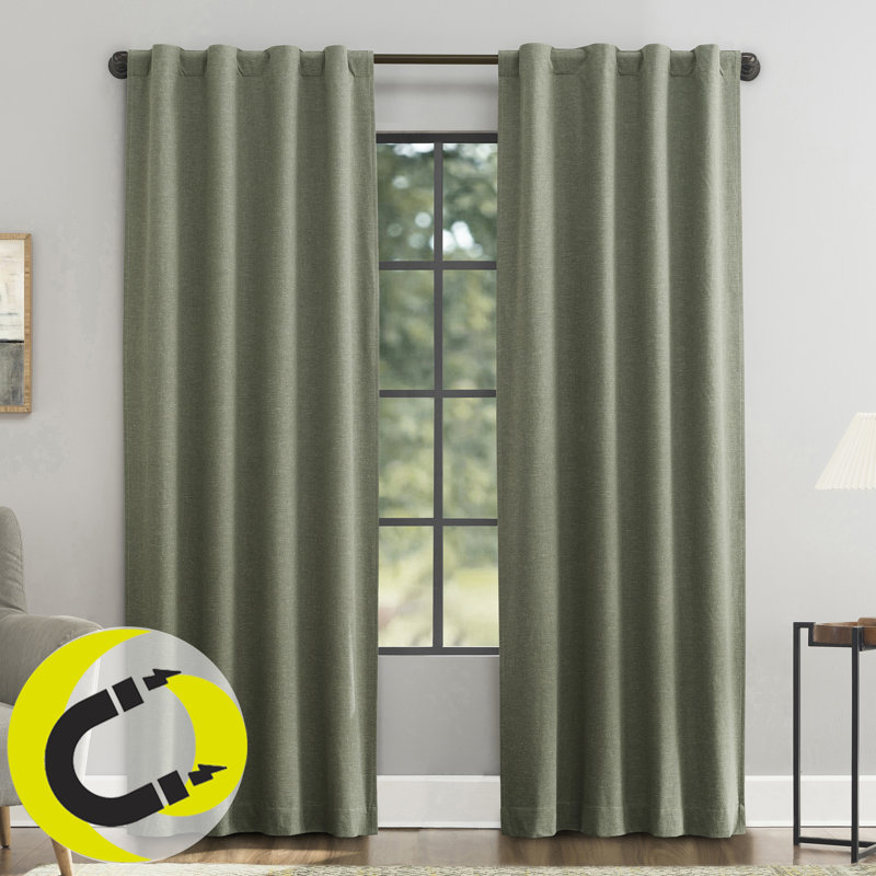 Sun Zero Treviso Linen Blend Magnetic Closure 100% Blackout Back Tab Curtain Panel, Green, 40" W x 84" L