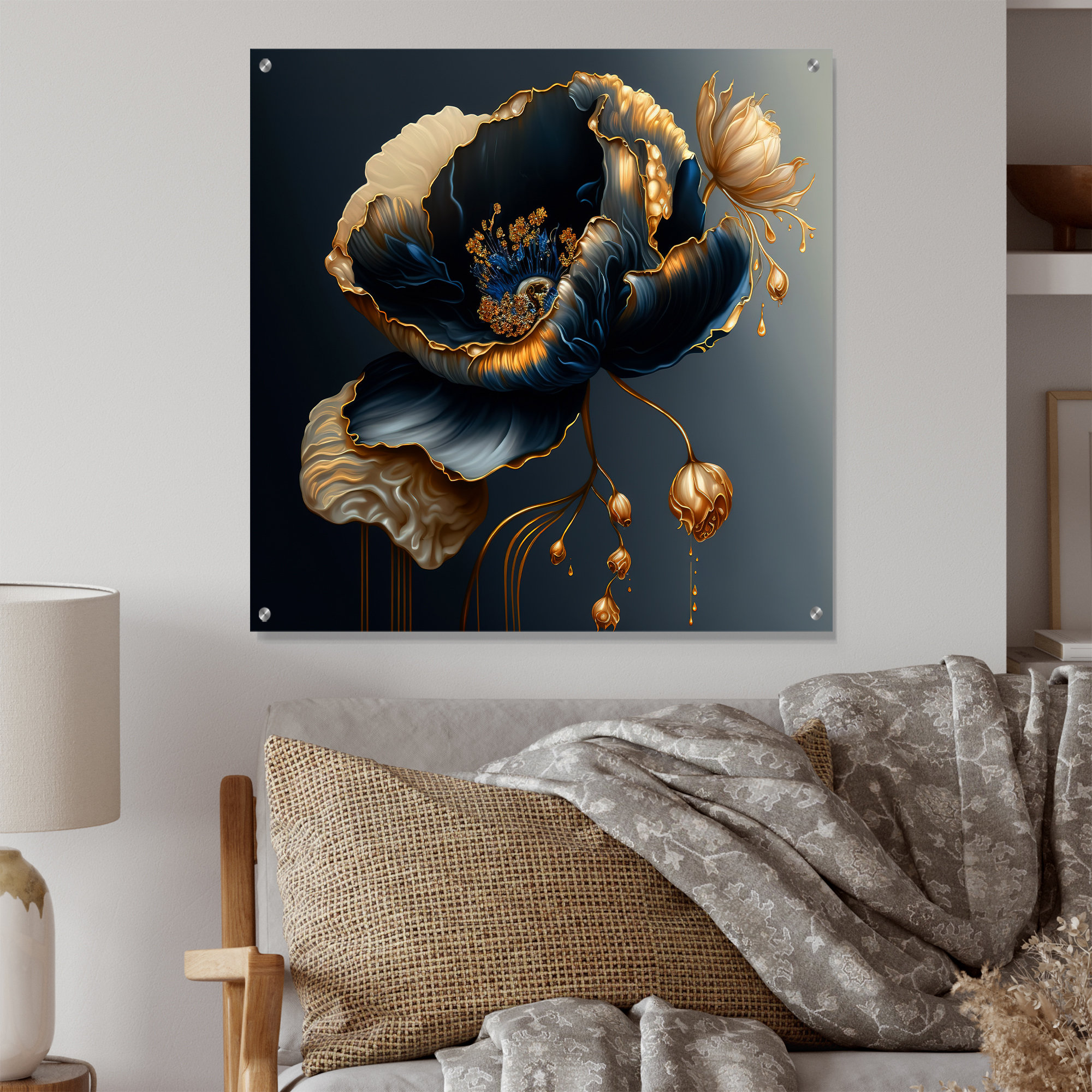 Mercer41 Deep Blue And Gold Single Flower I - Floral Acrylic Wall Art ...
