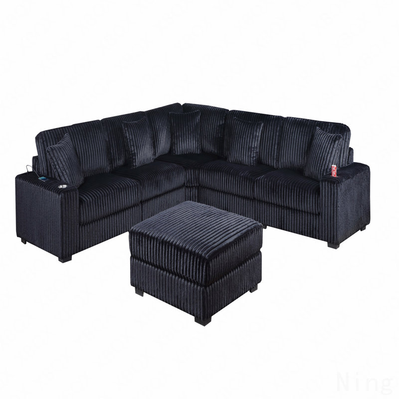 Ensemble de canapé modulaire 6 pièces de style contemporain avec porte-gobelet usb en velours côtelé finition noire