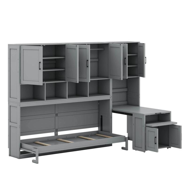 Lit escamotable simple avec placard, tiroirs et bureau, gris