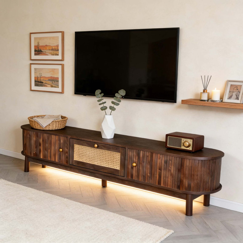Meuble télé de style moderne pour téléviseur de 75 po, console multimédia avec tiroir en rotin et rangement intelligent