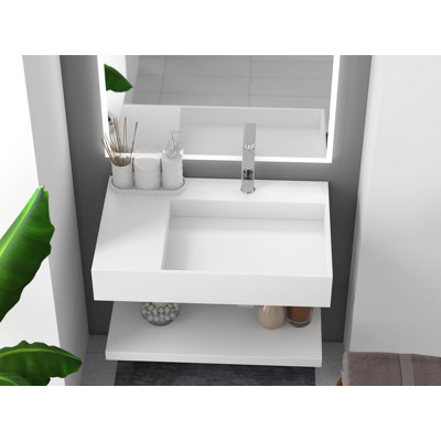 Juniper 30" Wall Mounted Solid Surface Floating Bathroom Sink with Concealed Drain Right Basin - White