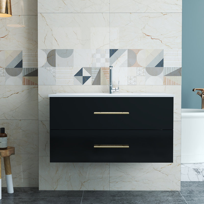 Ensemble de meuble-lavabo mural avec lavabo, Noir, 39"