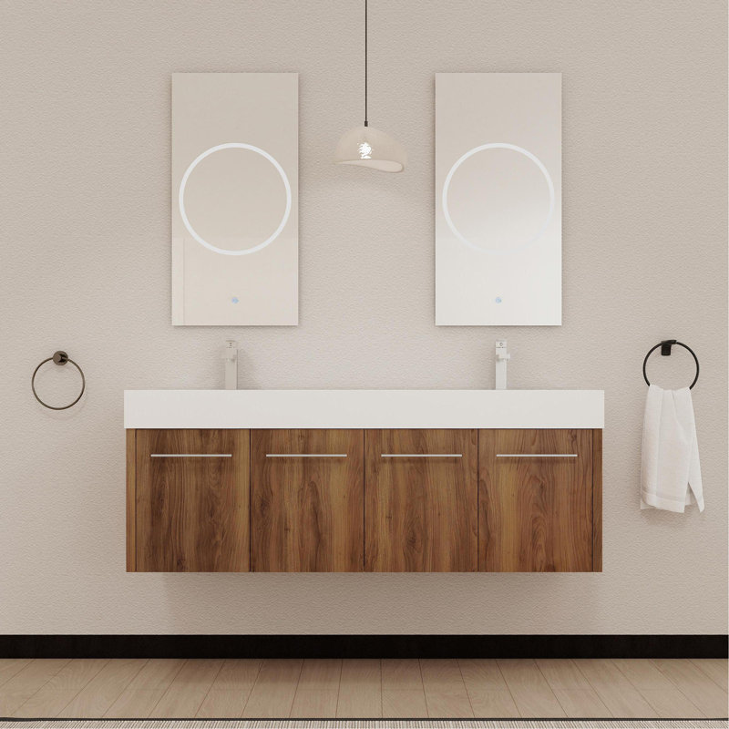 60 Inch Wall-Mounted Bathroom Vanity With Sink, Thick Edged Double Resin Sink, KD-Package, 60", Brown Ebony, Glossy White