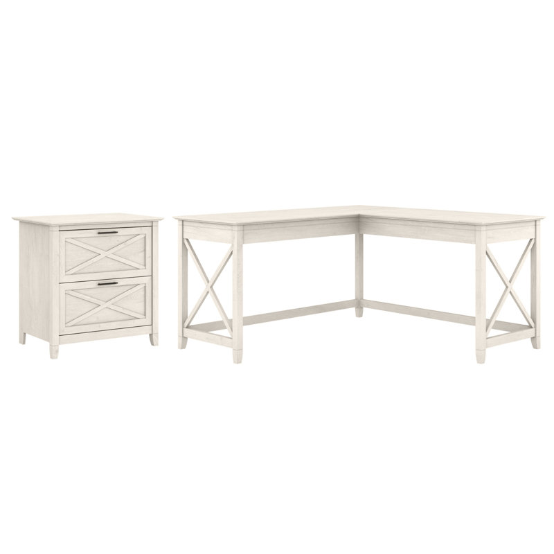 Bureau de direction en L avec classeur à 2 tiroirs Ozro, Lin chêne blanc