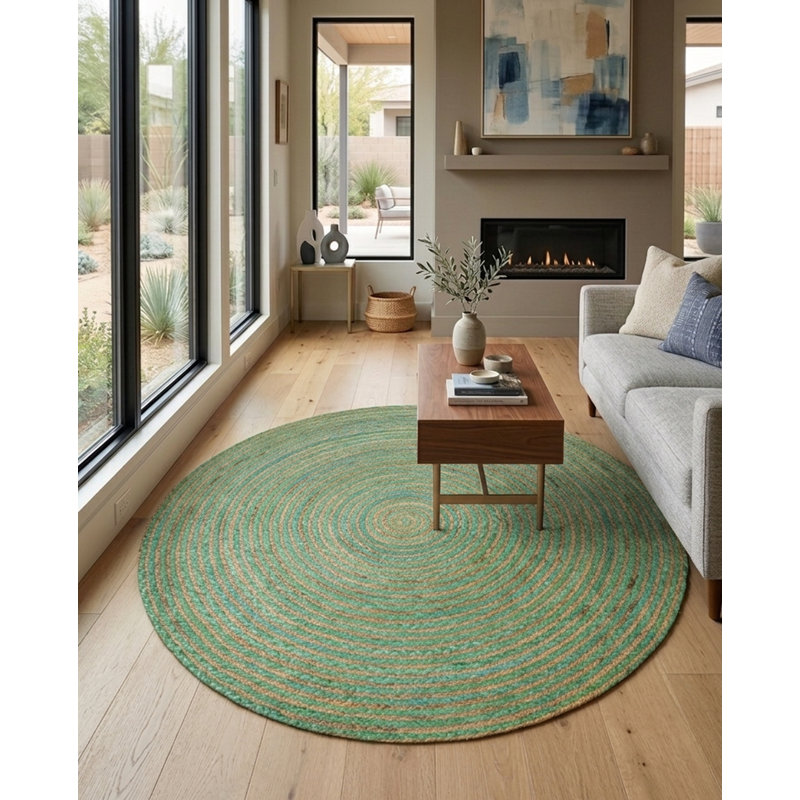 Hand Braided Cotton & Jute Contemporary Green Round Indoor / Outdoor Area Rugs, Round 5'