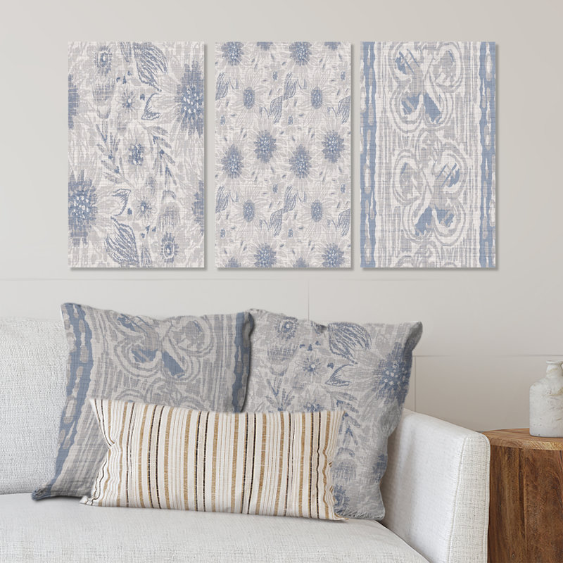 Ensemble de 3 pièces d'art vintage à motif de fleurs de campagne bleues, H 20 po x l 36 po x P 1 po
