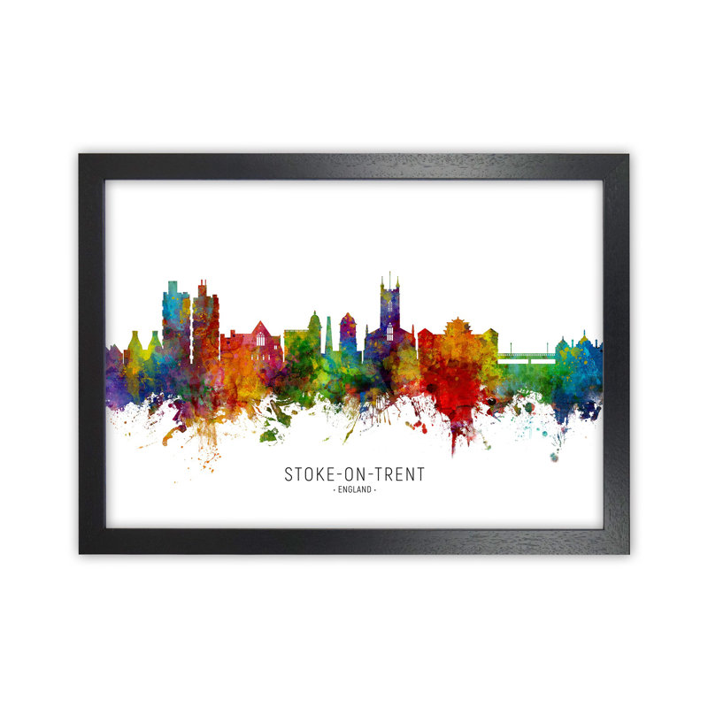 Stoke-on-Trent England Skyline by Michael Tompsett - Print, 46cm H x 63cm W x 3cm D, Black Framed