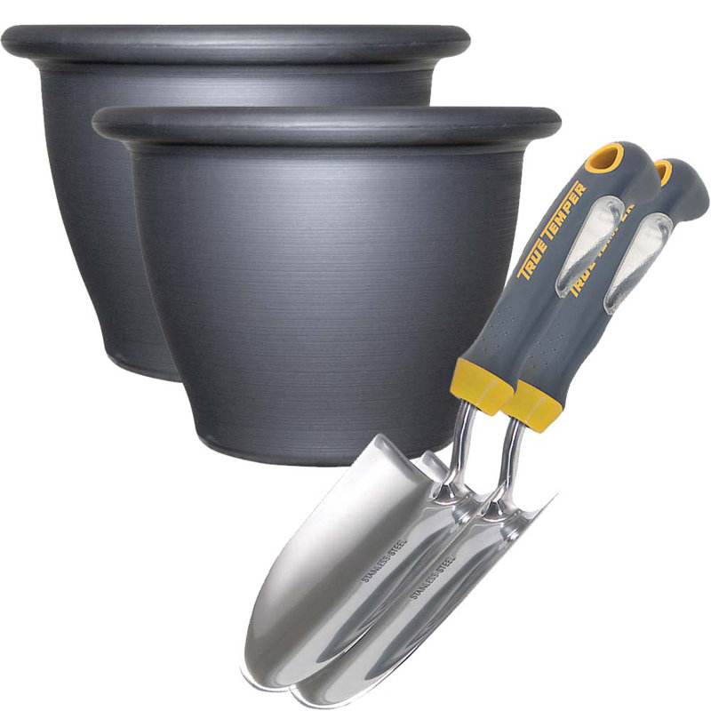 Outils à main de jardin et pot à fleurs en résine grise