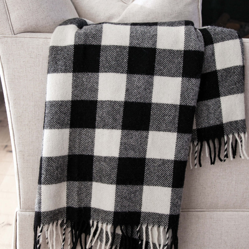 Buffalo Check Wool Throw Blanket, White/Black/Gray