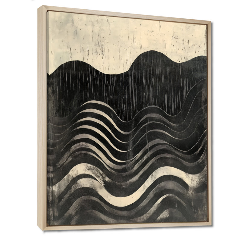Horizons Fluides VI - Tableau abstrait noir et beige représentant un paysage pour le salon, H 32 po x l 24 po