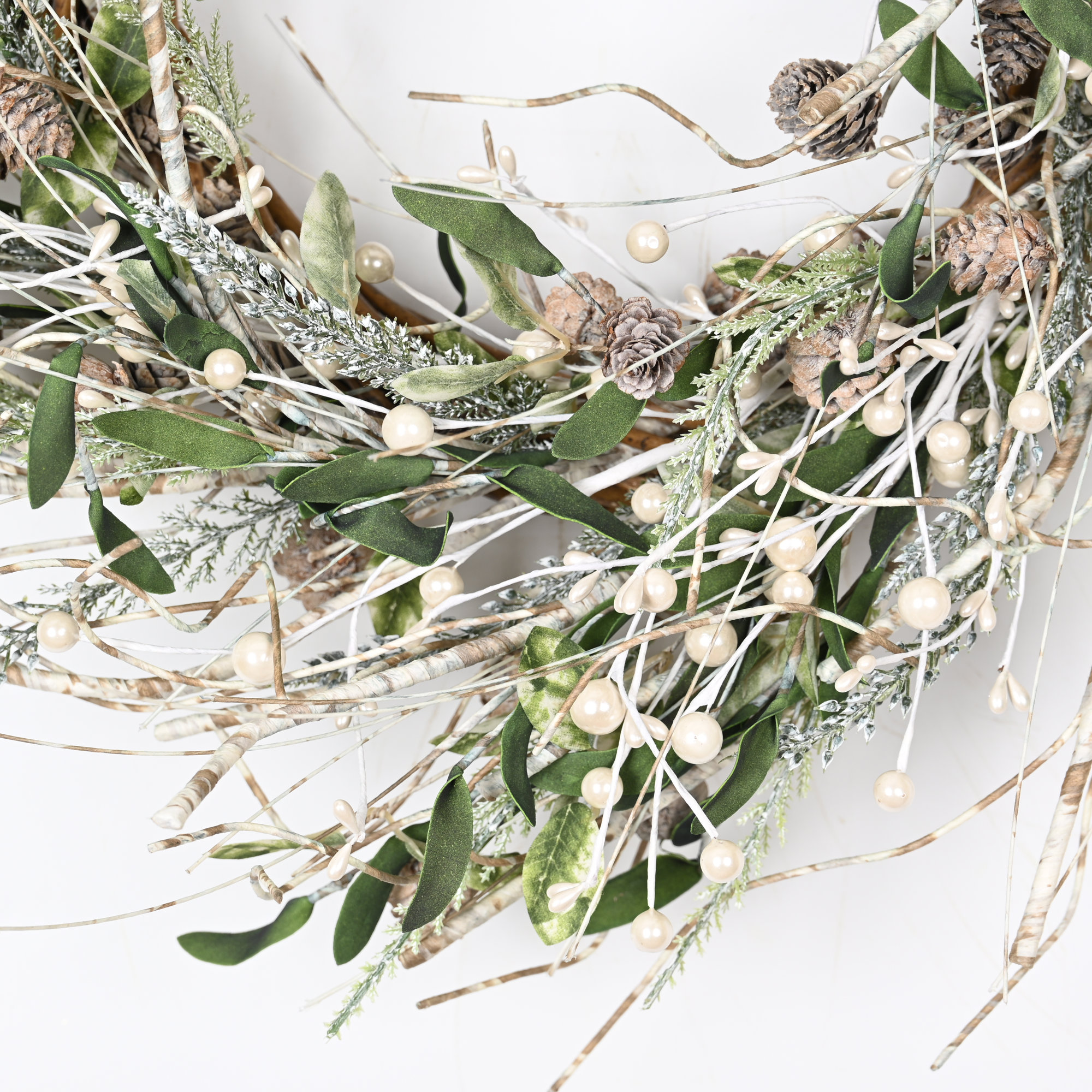 24" Artificial Farmhouse Leafage Berry Birch Pinecone Christmas Day Winter Wreath For Front Door, White/Green