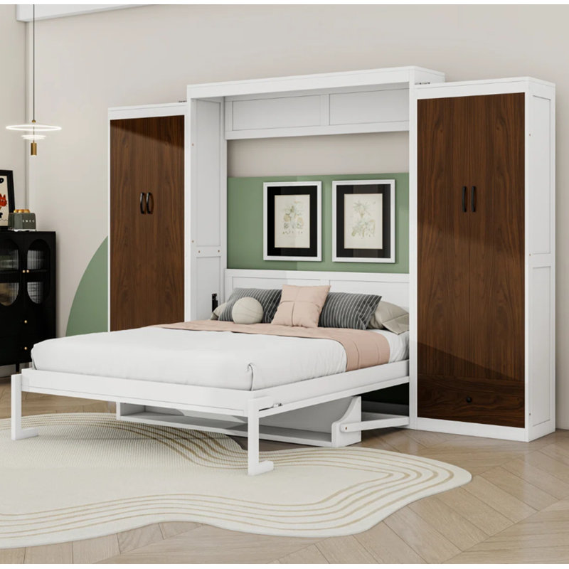 Lit escamotable en bois avec 2 tiroirs et garde-robe intégré, Grand