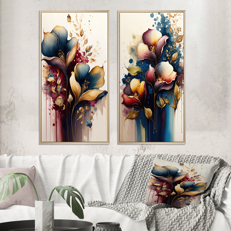 Ensemble de 2 art mural bleu et bourgogne «Cally Lily Bouquet II», Encadrement brun, H 20 po x l 24 po