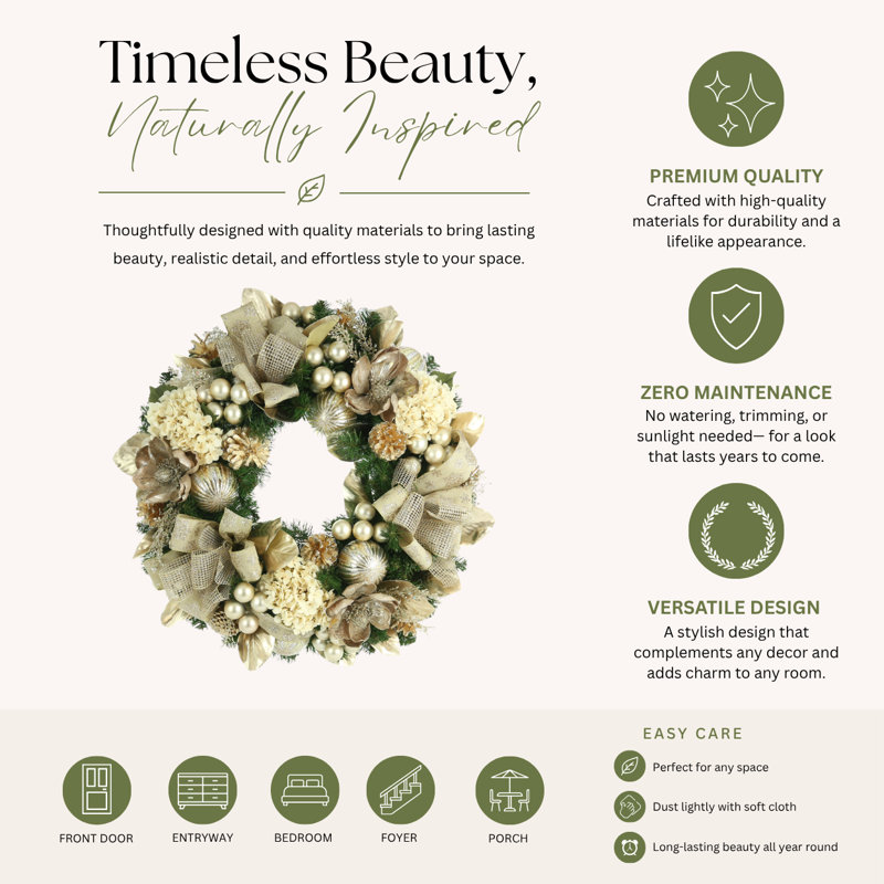Holiday Wreath Decorated With Hydrangea, Magnolias, Ornaments And Ribbon