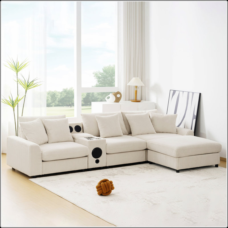 Canapé modulaire moderne en velours côtelé avec haut-parleurs Bluetooth et console de rangement pour un salon confortable