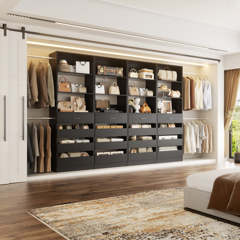85.2"-462.8" Closet System With Drawers And Rods, Black