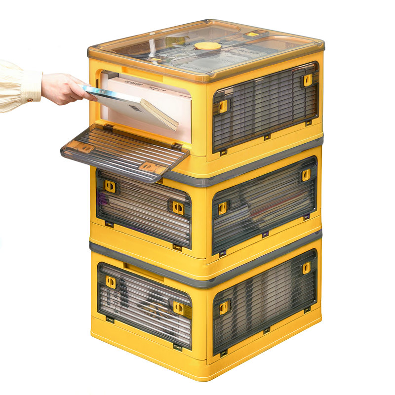 Très grand bac de rangement pliable, 5 côtés, ouvert, ouvert, empilable, avec couvercle, Jaune