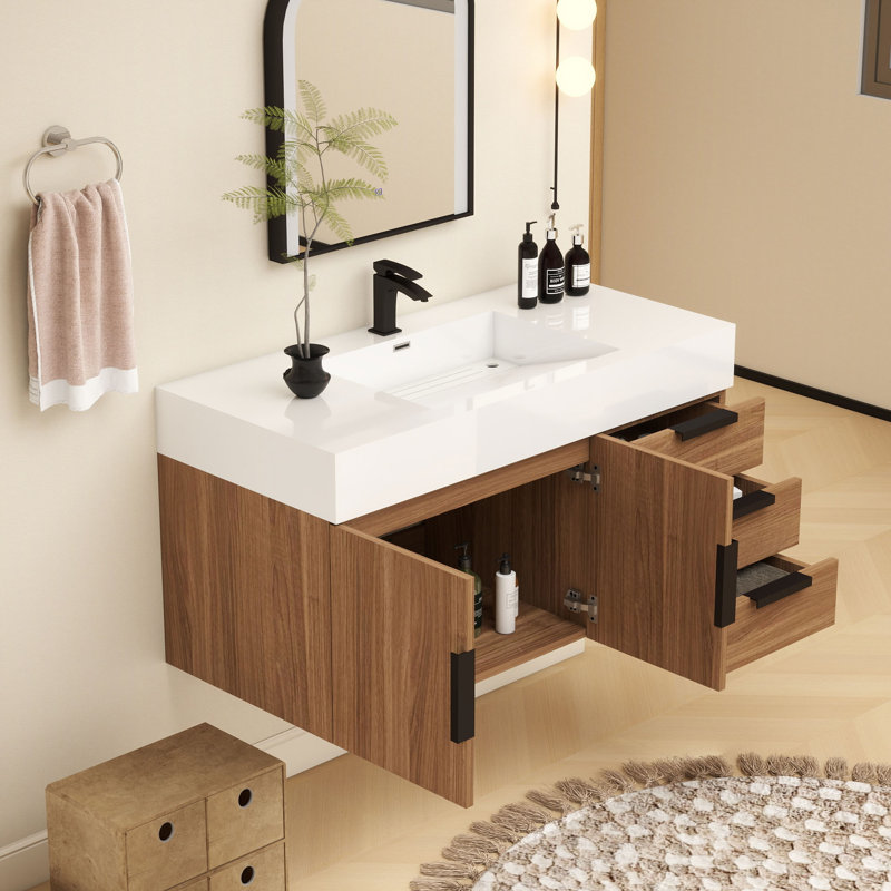 42" Wall-Mounted Single Bathroom Vanity, Wood