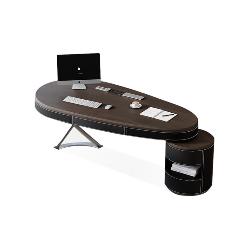 Bureau 3 tiroirs brun + gris + bois ovale noir + acier laminé à froid, 29.53" H x 62.99" W x 27.56" D