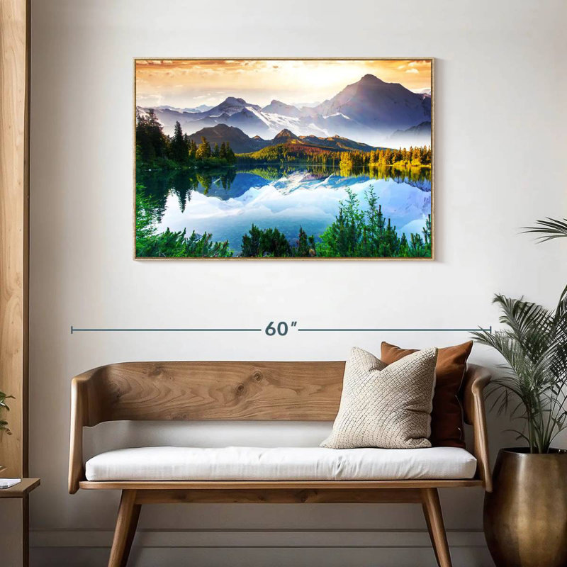 Montagne et lac au lever du soleil, Cadre flottant en bois naturel, 43 po x 29 po