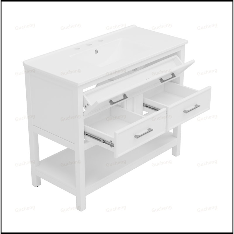 Meuble-lavabo autoportant de 36 po avec plateau basculant, tiroirs et lavabo en céramique, Blanc