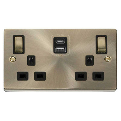 Antique Brass 2 Gang 13A DP Ingot Type A & C USB Twin Double Switched Plug Socket
