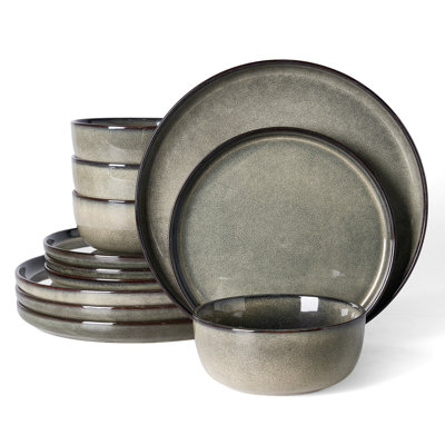 12 Piece Stoneware Dinnerware Set - Service for 4, Greenish Brown