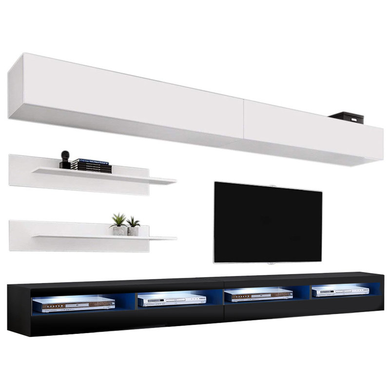 Bellago 126" Modern Floating Wall Mounted Entertainment Center with 16-Color LED Lighting, High Gloss Finish, White/Black