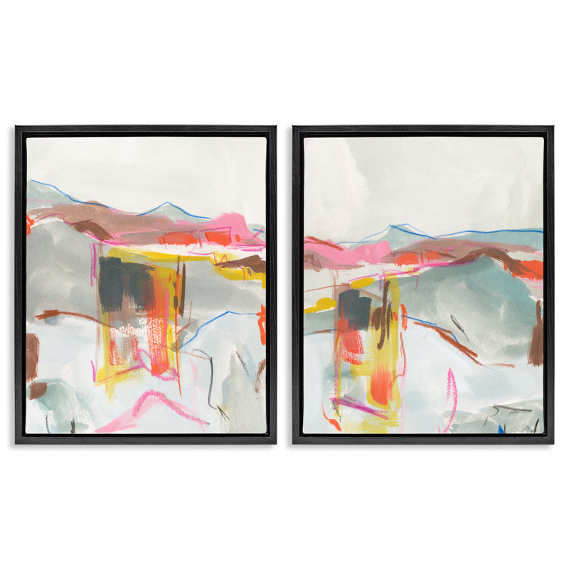  «Restless Soft Mountain Abstract», ensemble de 2 toiles flottantes encadrées par Melissa Wang, Cadre flottant noir de jais