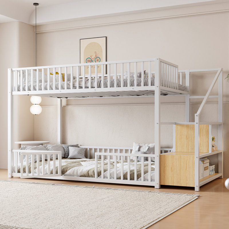 Metal Bunk Bed With Storage Staircase, White