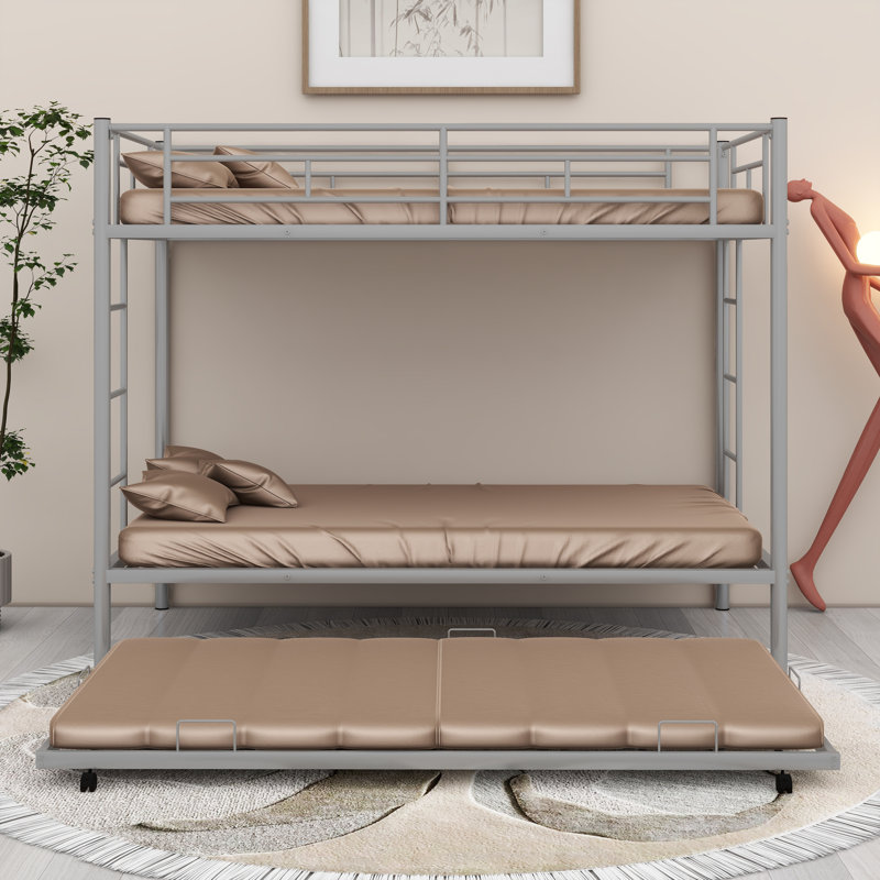 Triple Bunk Bed With Trundle,Two Side Ladder And Guardrails, Silver